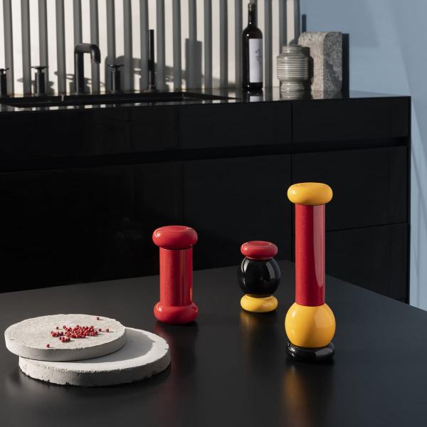 Alessi Salz-/Pfeffer- und Gewürzmühle aus Buchenholz gelb, rot, schwarz, Höhe 11cm